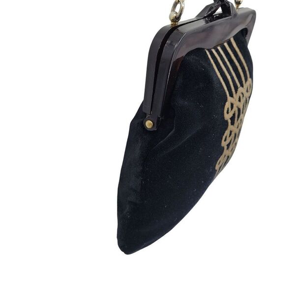1940's Evening Bag Velvet Art Deco Mid Modern Century Asian Framed Kiss Black - Picture 10 of 13